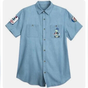Disney Parks x Junk Food Pinocchio Jiminy Cricket Geppetto Chambray Camp Shirt M